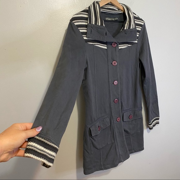Prana Rowen Knit Jacket Grey Woven Trim Button Down Coat Women’s Size Small - Picture 3 of 7